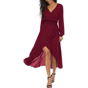 Kormei Womens Long Sleeve High Low Wrap Dress Burgundy Wine Midi Maxi Red XL